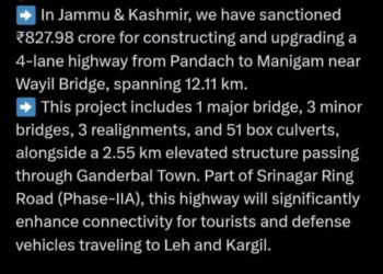 Centre sanctioned Rs 827.98 crore for 4-lane highway project in J&K